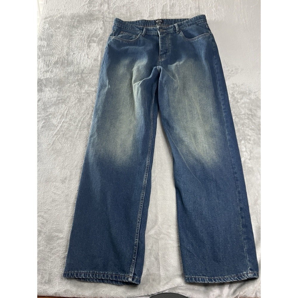 BoohooMAN Mens Jeans 36x32 Blue Graphic Wide Leg Denim Pants